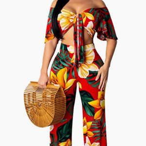 Women's 2 Piece Wide Leg Pant Sets Floral Tie Front Crop Tops Long Pants